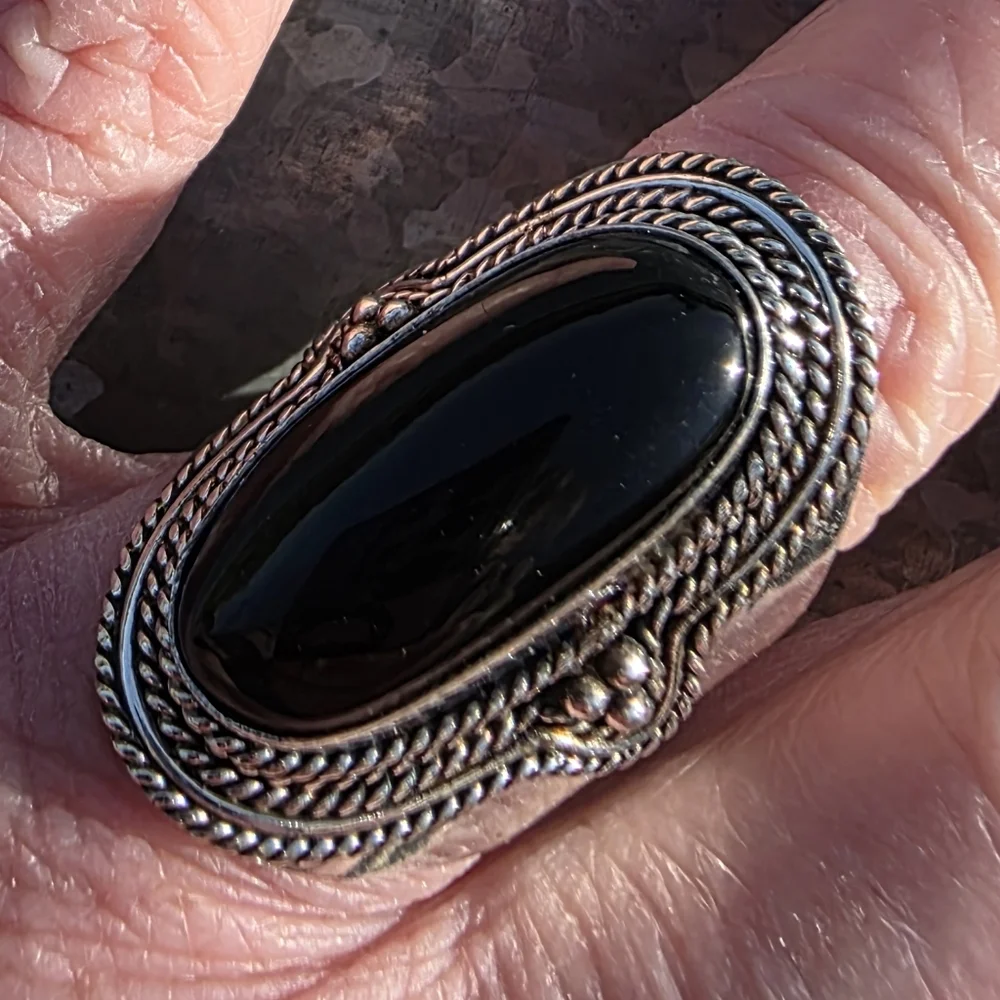 Long Black Onyx Boho Ring in 925 Sterling Silver (snug 9)